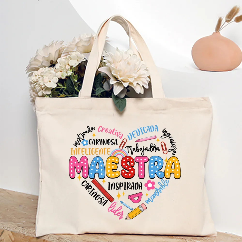 Maestra Spanish Heart Print Tote Bag Women Shoulder Bag Teacher Life Shopping Bag Teacher's Day Back To School Gift for Teachers