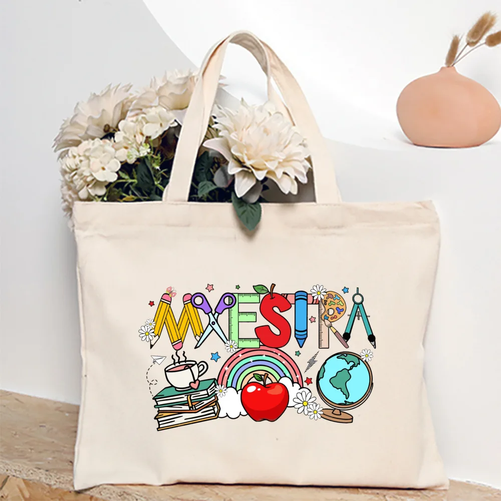 Maestra Spanish Heart Print Tote Bag Women Shoulder Bag Teacher Life Shopping Bag Teacher's Day Back To School Gift for Teachers