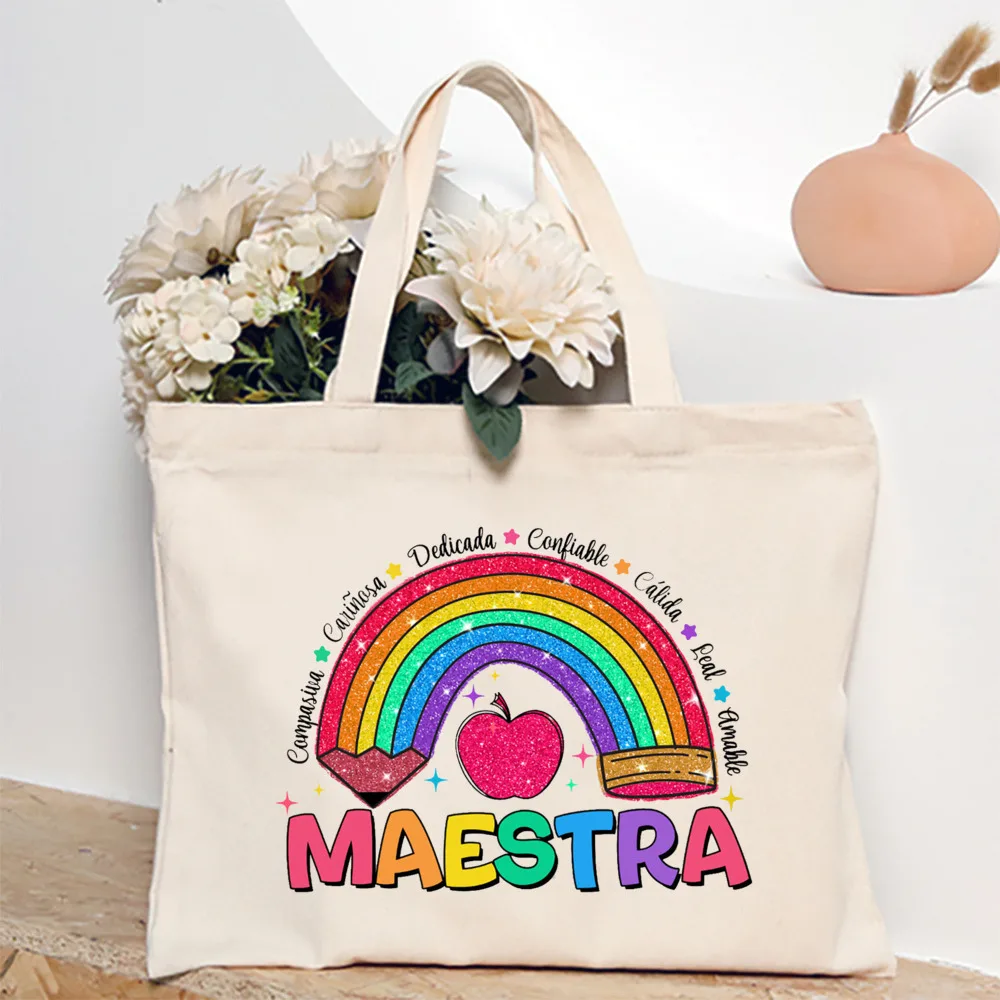 Maestra Spanish Heart Print Tote Bag Women Shoulder Bag Teacher Life Shopping Bag Teacher's Day Back To School Gift for Teachers