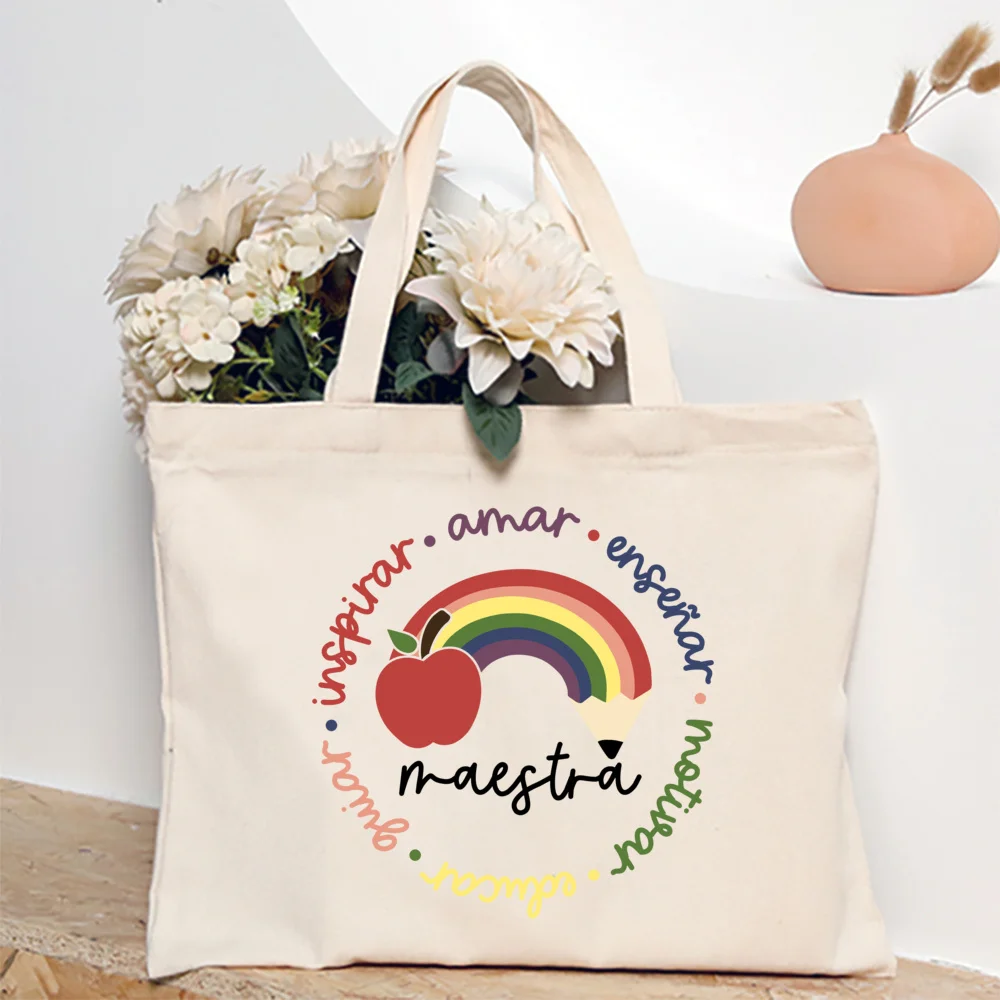 Maestra Spanish Heart Print Tote Bag Women Shoulder Bag Teacher Life Shopping Bag Teacher's Day Back To School Gift for Teachers