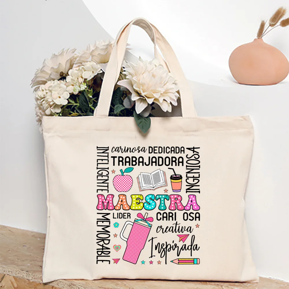 Maestra Spanish Heart Print Tote Bag Women Shoulder Bag Teacher Life Shopping Bag Teacher's Day Back To School Gift for Teachers