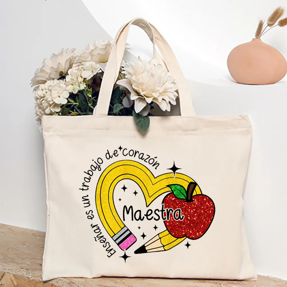 Maestra Spanish Heart Print Tote Bag Women Shoulder Bag Teacher Life Shopping Bag Teacher's Day Back To School Gift for Teachers