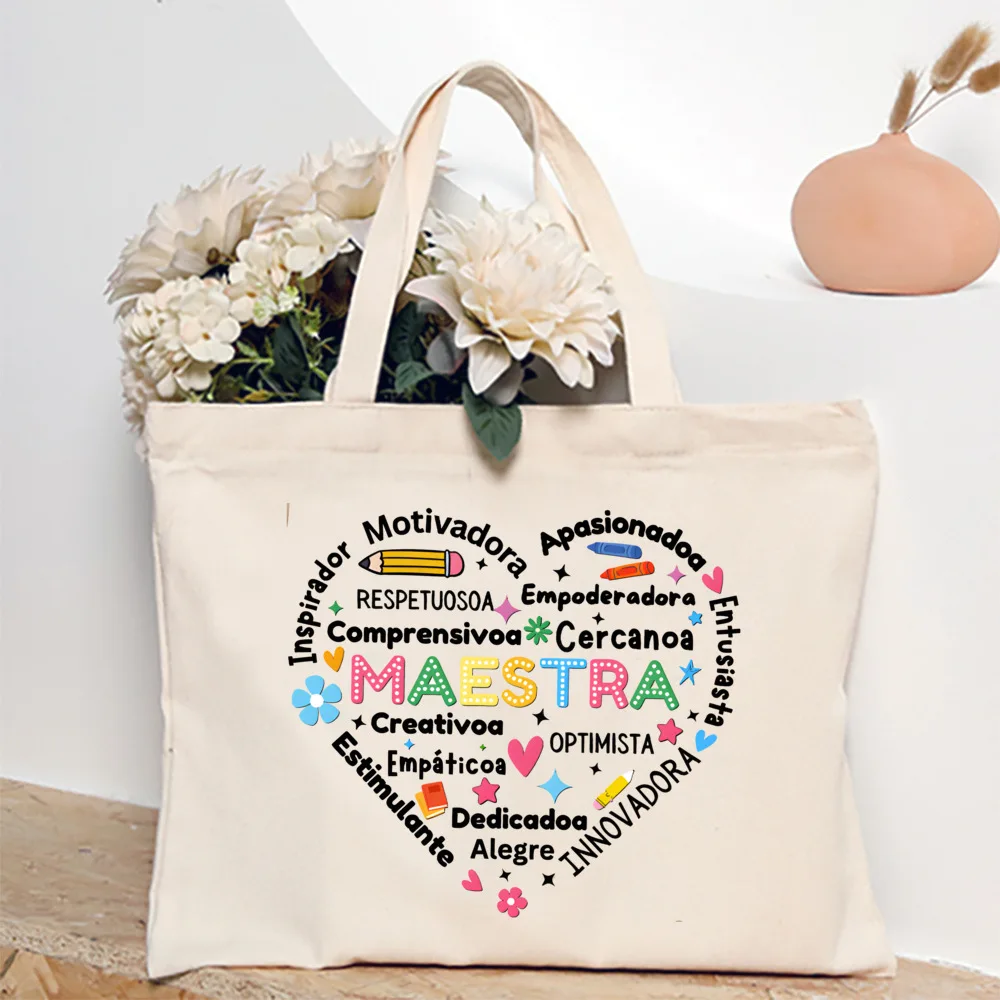 Maestra Spanish Heart Print Tote Bag Women Shoulder Bag Teacher Life Shopping Bag Teacher's Day Back To School Gift for Teachers