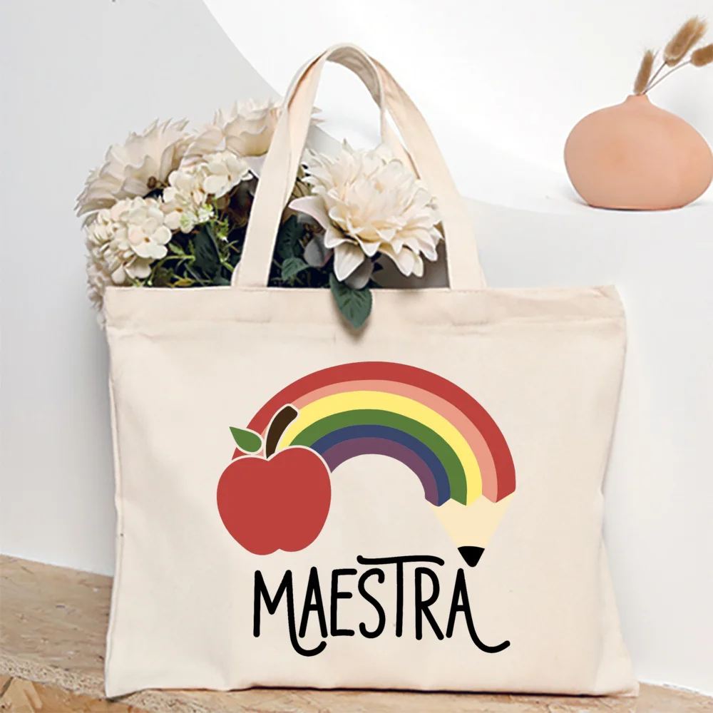 Maestra Spanish Heart Print Tote Bag Women Shoulder Bag Teacher Life Shopping Bag Teacher's Day Back To School Gift for Teachers