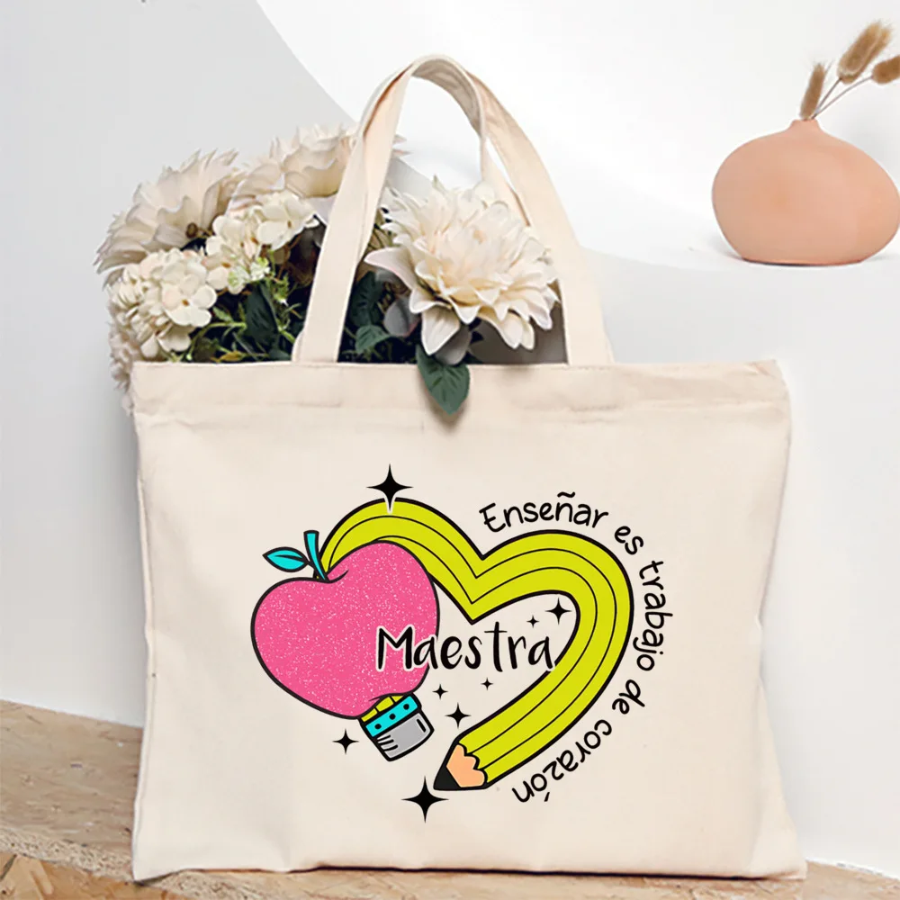 Maestra Spanish Heart Print Tote Bag Women Shoulder Bag Teacher Life Shopping Bag Teacher's Day Back To School Gift for Teachers