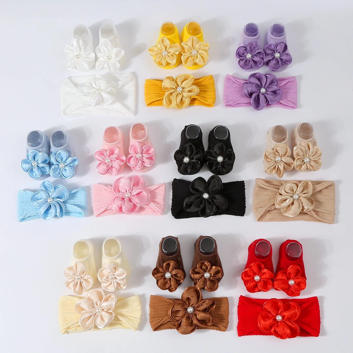 Lovely Pearl Baby Headband Socks Set Cotton Sock Lace Flower Newborn Hair Band Elastic Turban Girl Hair Accessories 0-1 Years