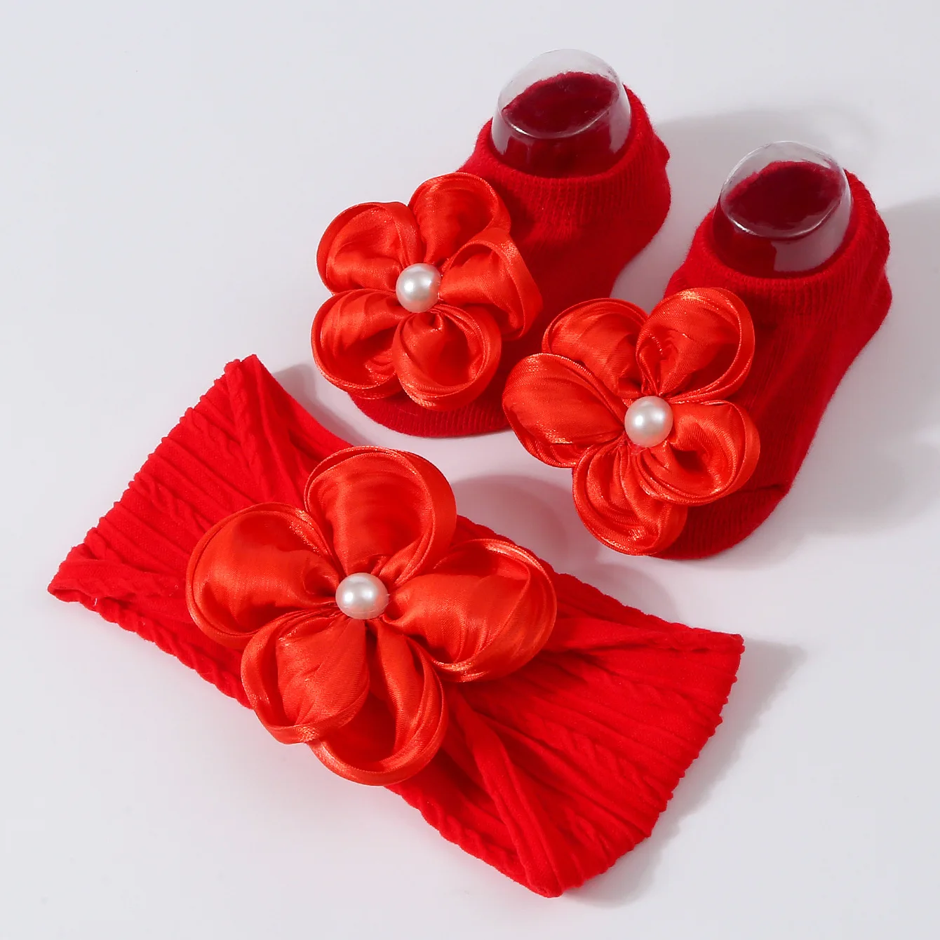 Lovely Pearl Baby Headband Socks Set Cotton Sock Lace Flower Newborn Hair Band Elastic Turban Girl Hair Accessories 0-1 Years