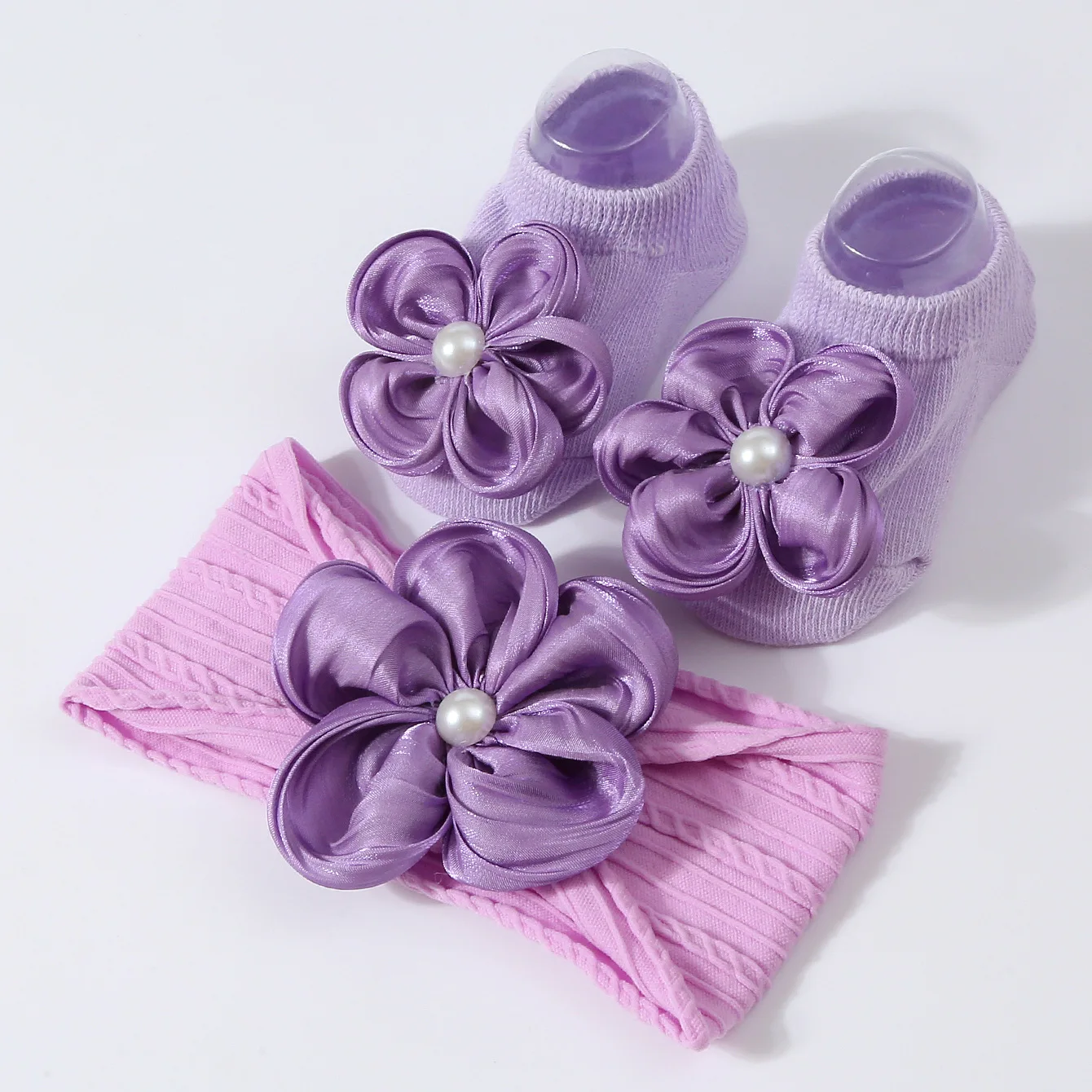 Lovely Pearl Baby Headband Socks Set Cotton Sock Lace Flower Newborn Hair Band Elastic Turban Girl Hair Accessories 0-1 Years