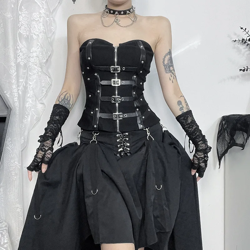 Goth Dark Punk Grunge Leather Buckle Strapless Corset Tops Mall Gothic Zip Women Tupe Top Y2K Coquette Streetwear Alt Tanks Vest