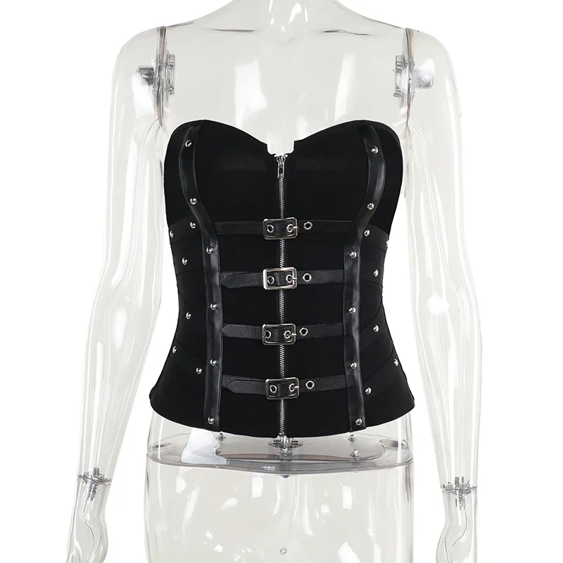 Goth Dark Punk Grunge Leather Buckle Strapless Corset Tops Mall Gothic Zip Women Tupe Top Y2K Coquette Streetwear Alt Tanks Vest