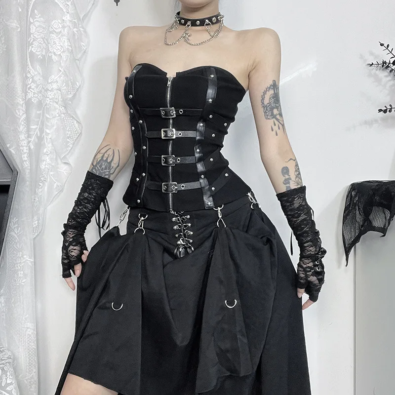 Goth Dark Punk Grunge Leather Buckle Strapless Corset Tops Mall Gothic Zip Women Tupe Top Y2K Coquette Streetwear Alt Tanks Vest