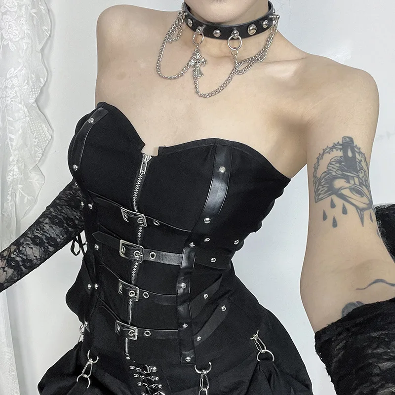 Goth Dark Punk Grunge Leather Buckle Strapless Corset Tops Mall Gothic Zip Women Tupe Top Y2K Coquette Streetwear Alt Tanks Vest