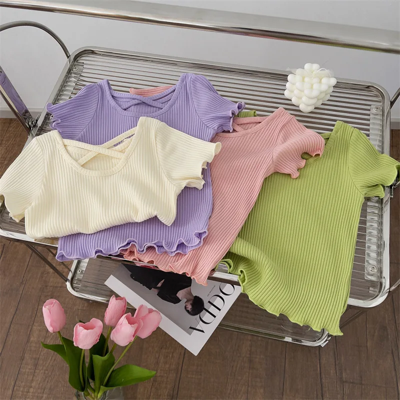 Girls T-Shirt Summer Children Short-Sleeved Casual Thin Soft Tops Simple Solid Color Kids Clothing 2-6 Years Baby Tees