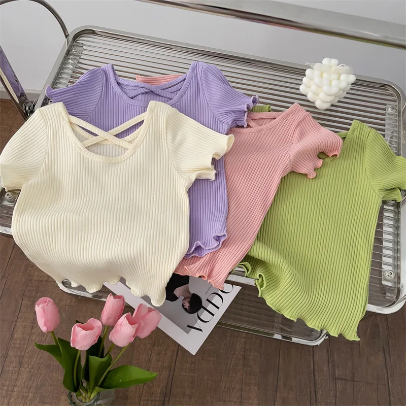 Girls T-Shirt Summer Children Short-Sleeved Casual Thin Soft Tops Simple Solid Color Kids Clothing 2-6 Years Baby Tees