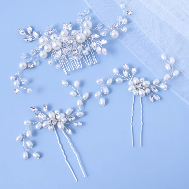 Bride's hair ornament Crystal Women Brid hair comb Pearl comb wedding headdress Silver Color Pearl Crystal Wedding Hair Combs