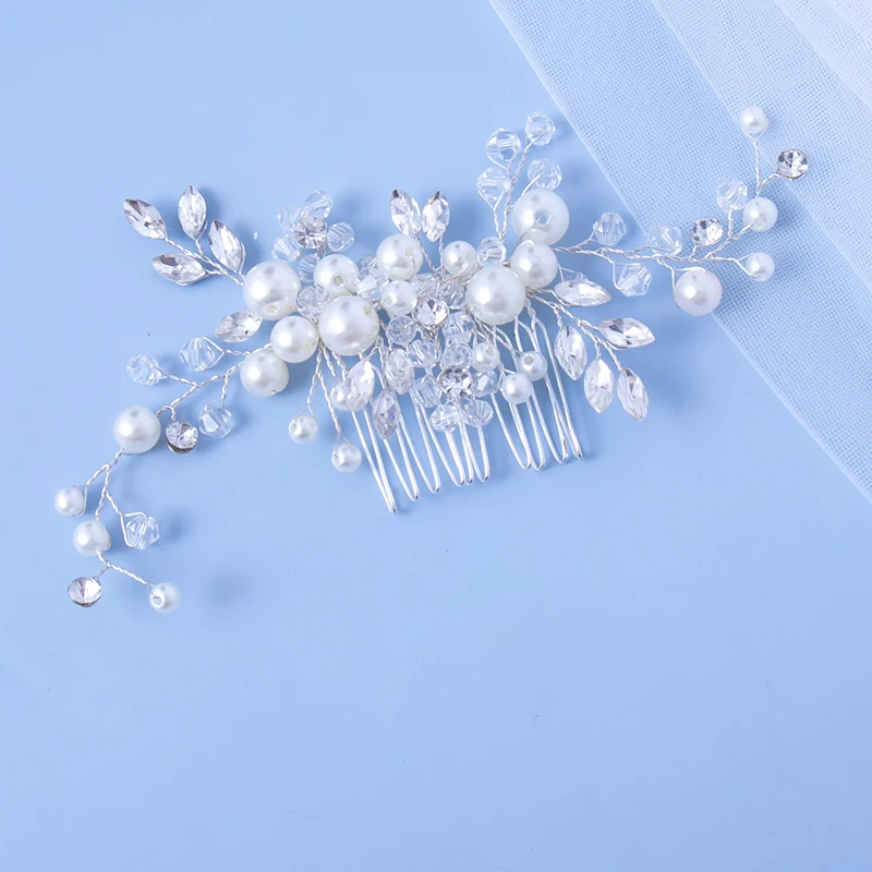 Bride's hair ornament Crystal Women Brid hair comb Pearl comb wedding headdress Silver Color Pearl Crystal Wedding Hair Combs