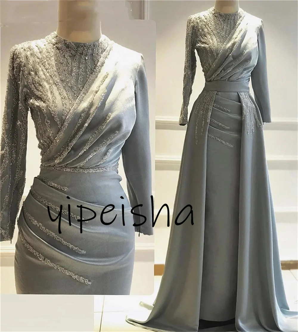 Customized High Crew Neckline Prom Dresses Sequined Sweep Train A-line Criss-Cross Full Sleeves Formal Evening Gowns