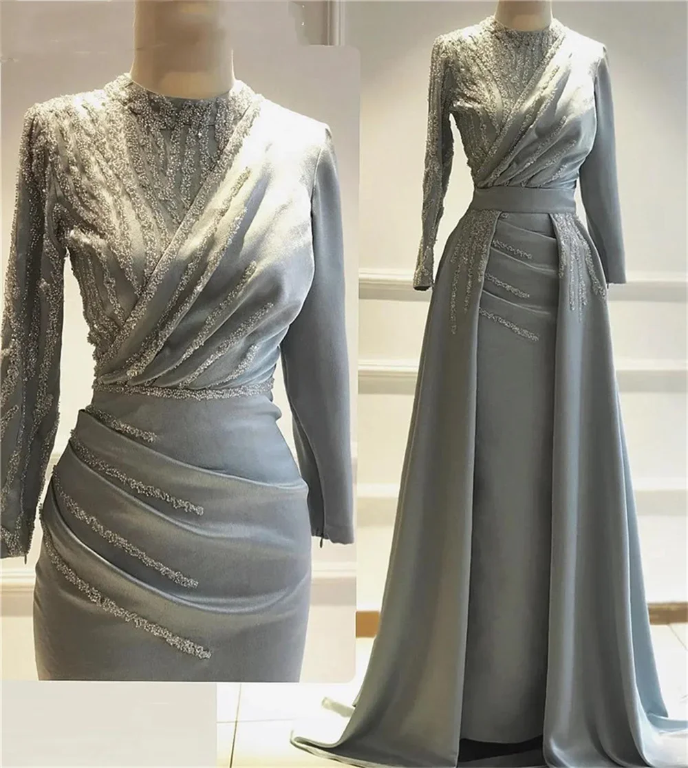 Customized High Crew Neckline Prom Dresses Sequined Sweep Train A-line Criss-Cross Full Sleeves Formal Evening Gowns