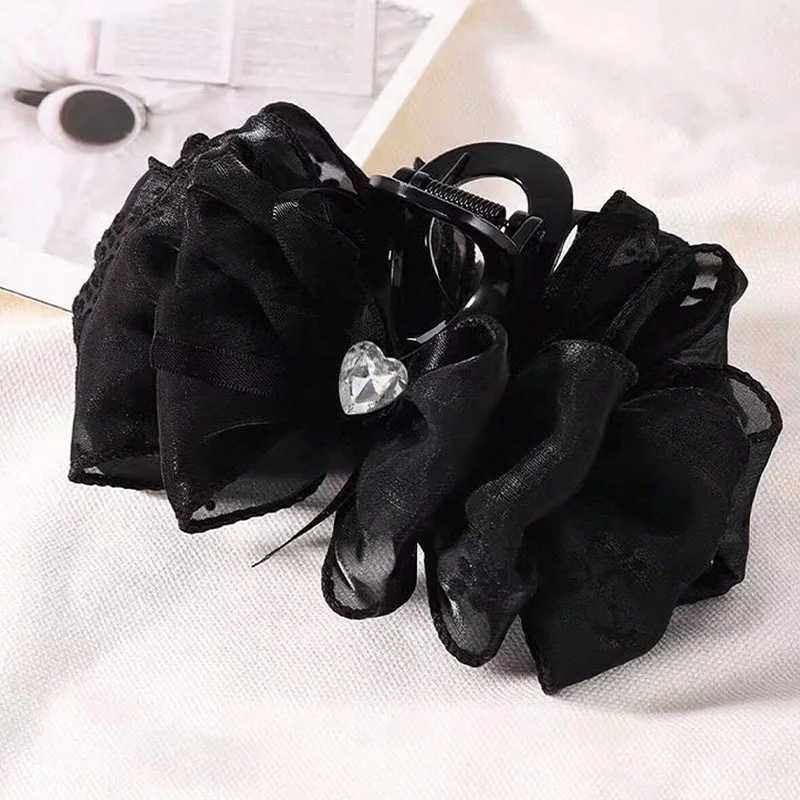 1/2pcs Women's Multi-Color Rhinestone Heart Embellishment Mesh Bow Hair Clip Double-Sided Bubble Grip Clip Fluffy Hair Claw