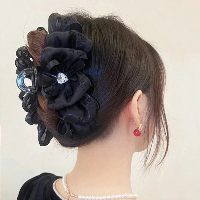 1/2pcs Women's Multi-Color Rhinestone Heart Embellishment Mesh Bow Hair Clip Double-Sided Bubble Grip Clip Fluffy Hair Claw