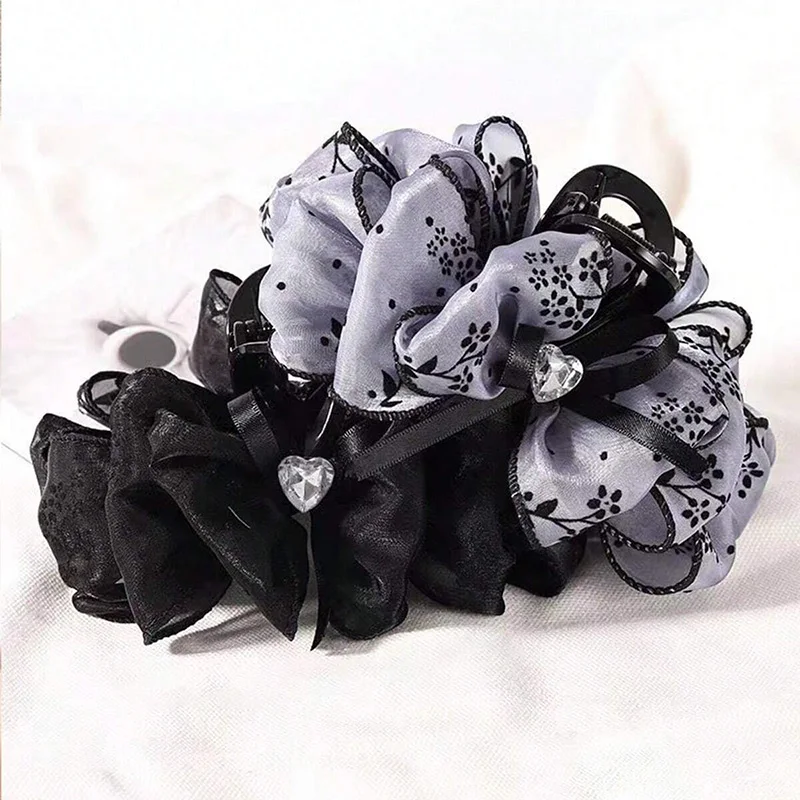 1/2pcs Women's Multi-Color Rhinestone Heart Embellishment Mesh Bow Hair Clip Double-Sided Bubble Grip Clip Fluffy Hair Claw
