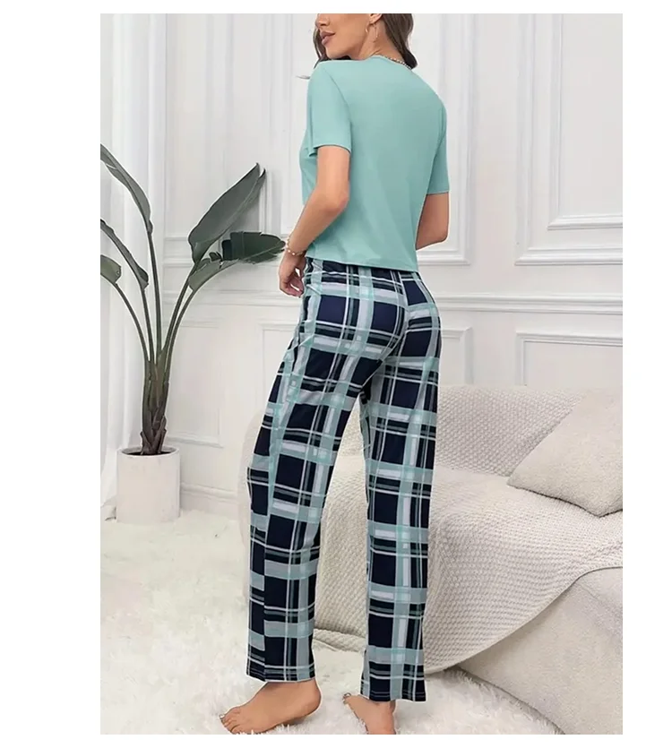 Women's Pajamas Set Casual Home Clothes Soft Comfortable Crew Neck T-Shirt & Plaid Pants Sleepwear Piece Loungewear Pyjama Femme
