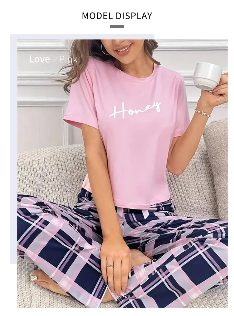 Women's Pajamas Set Casual Home Clothes Soft Comfortable Crew Neck T-Shirt & Plaid Pants Sleepwear Piece Loungewear Pyjama Femme
