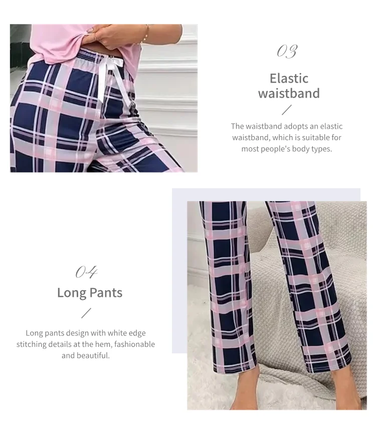 Women's Pajamas Set Casual Home Clothes Soft Comfortable Crew Neck T-Shirt & Plaid Pants Sleepwear Piece Loungewear Pyjama Femme