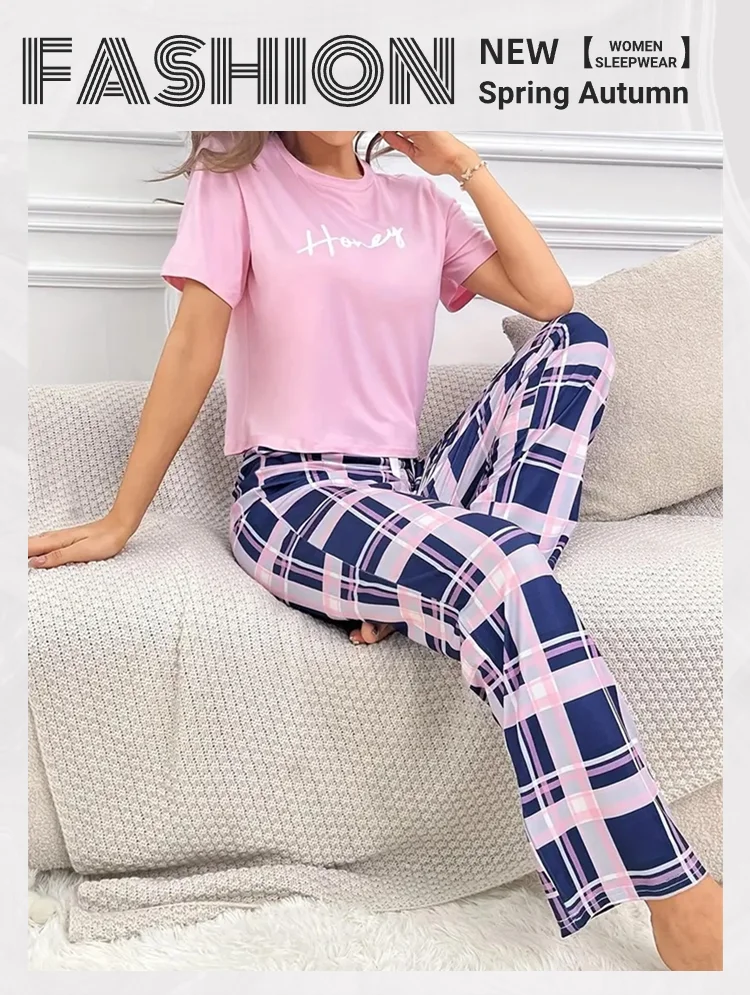 Women's Pajamas Set Casual Home Clothes Soft Comfortable Crew Neck T-Shirt & Plaid Pants Sleepwear Piece Loungewear Pyjama Femme