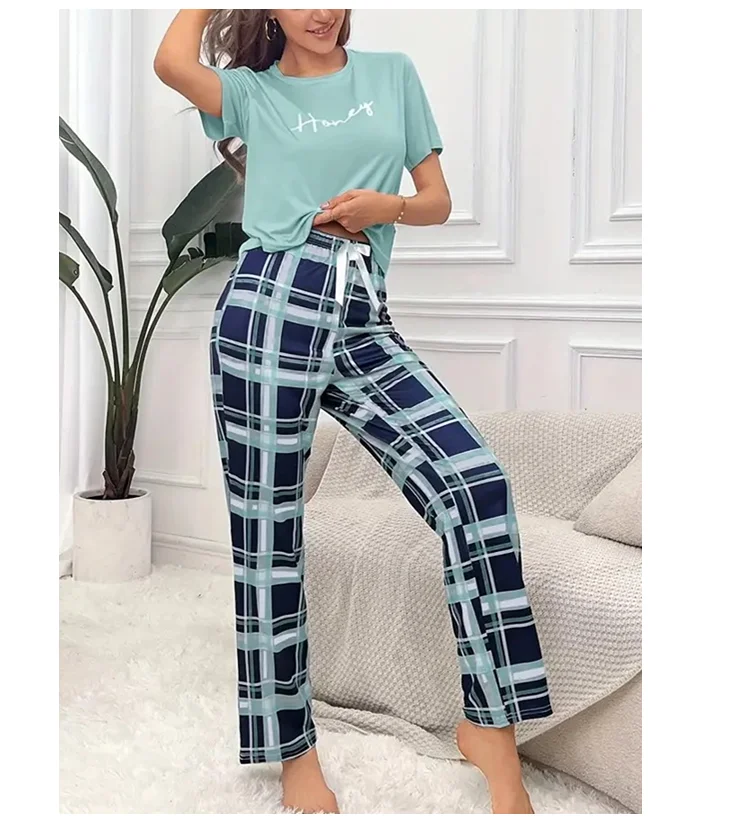 Women's Pajamas Set Casual Home Clothes Soft Comfortable Crew Neck T-Shirt & Plaid Pants Sleepwear Piece Loungewear Pyjama Femme