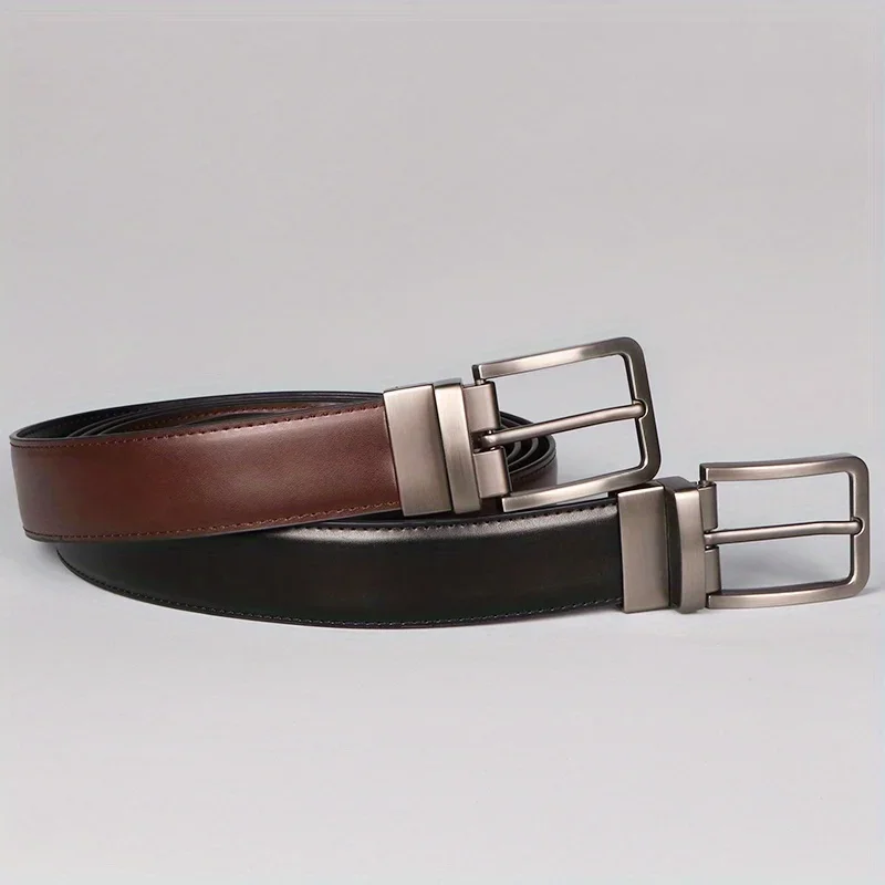1pc Men's Leather Reversible Belt, Rotate Black Buckle