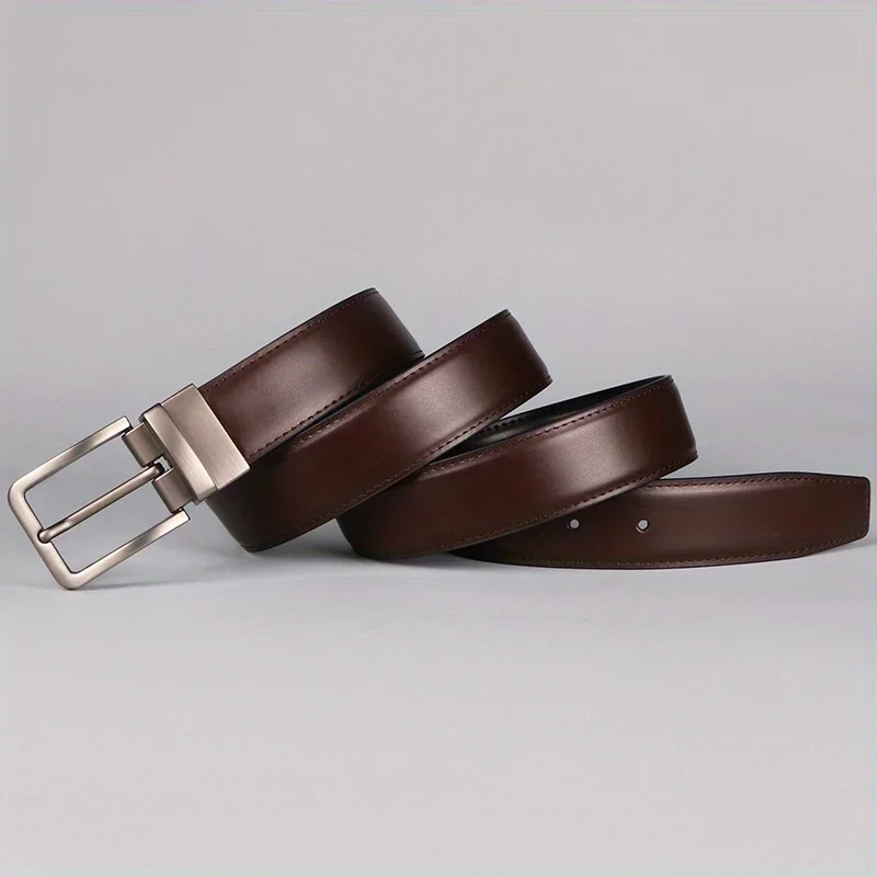 1pc Men's Leather Reversible Belt, Rotate Black Buckle