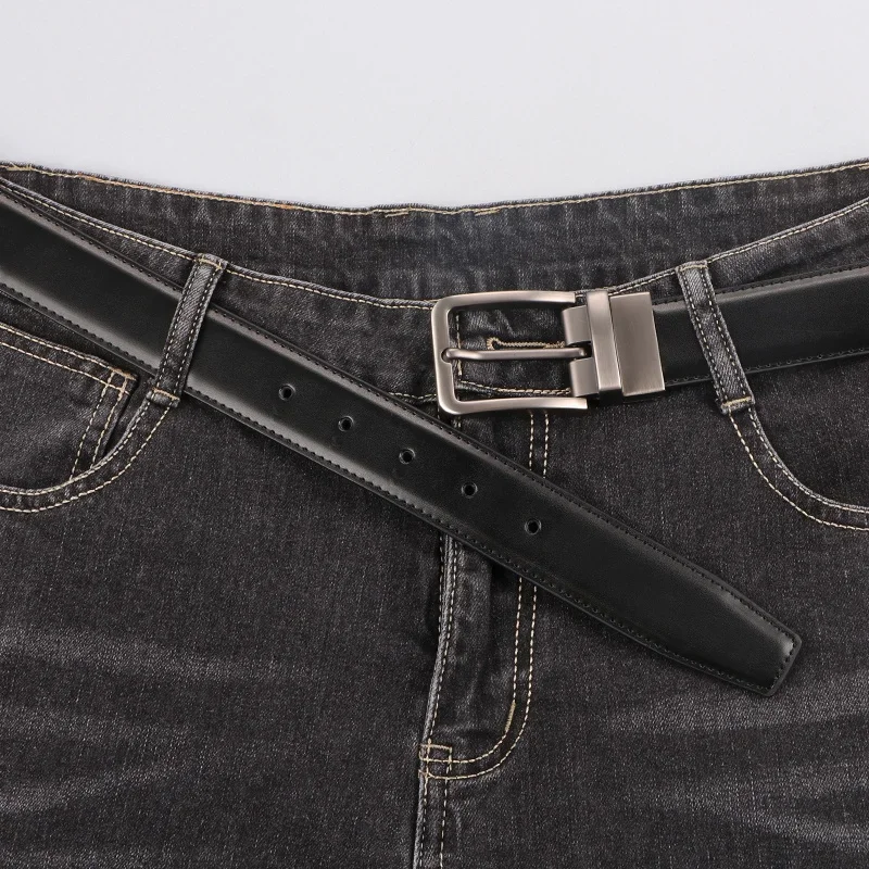 1pc Men's Leather Reversible Belt, Rotate Black Buckle