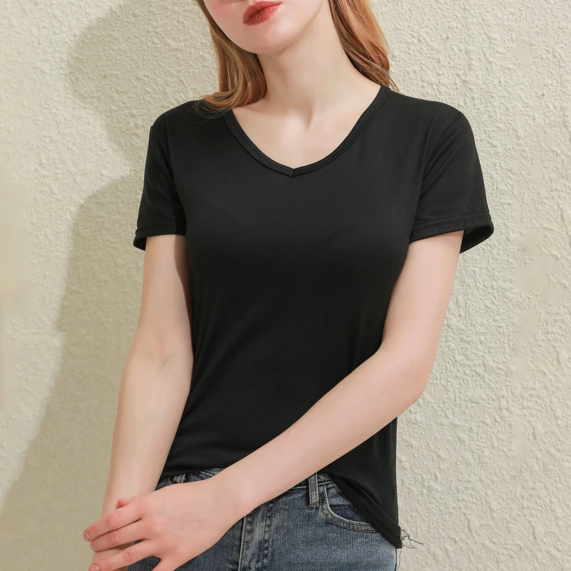 2026 Short T-Shirts Summer Women's Short Sleeve Round Neck Casual Blouse Shirts Solid Color Tops Black / White