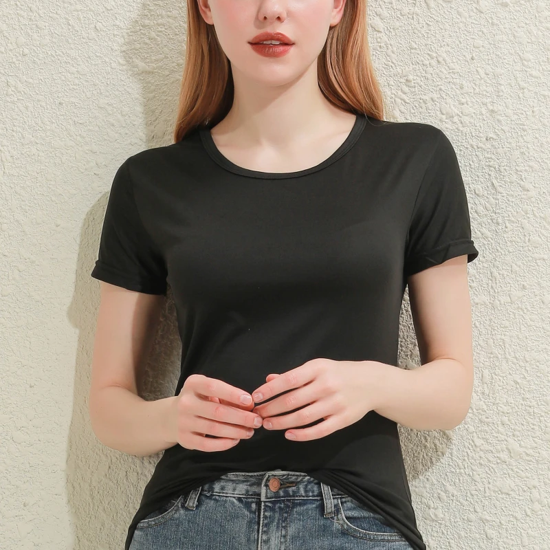 2026 Short T-Shirts Summer Women's Short Sleeve Round Neck Casual Blouse Shirts Solid Color Tops Black / White