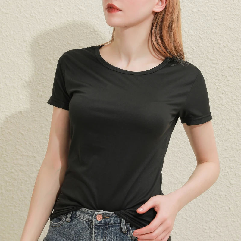 2026 Short T-Shirts Summer Women's Short Sleeve Round Neck Casual Blouse Shirts Solid Color Tops Black / White