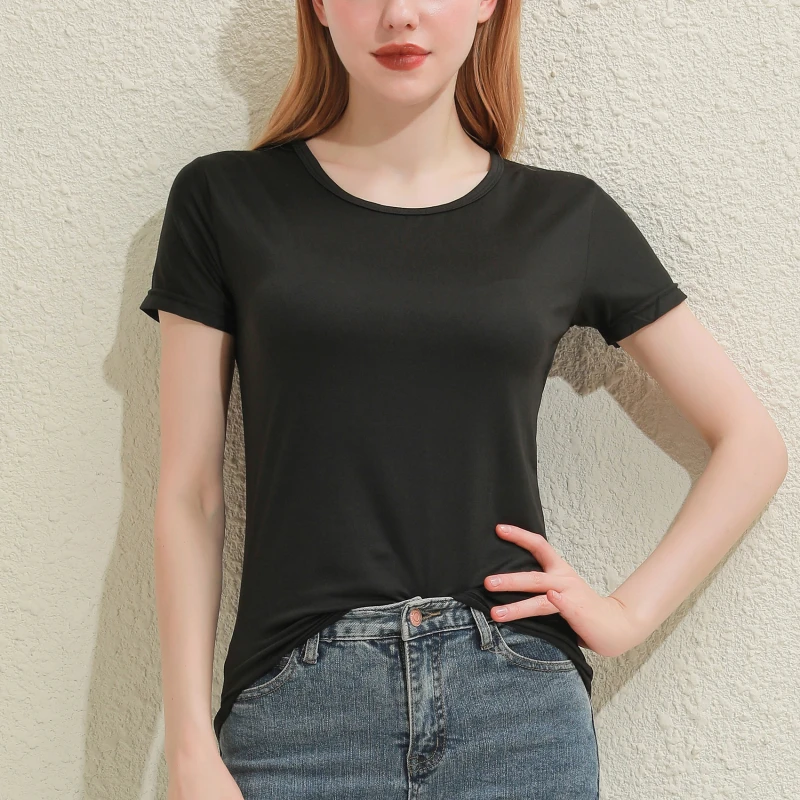 2026 Short T-Shirts Summer Women's Short Sleeve Round Neck Casual Blouse Shirts Solid Color Tops Black / White