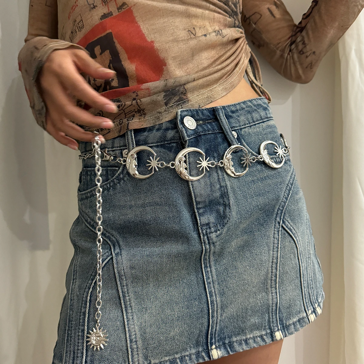 Punk Hip Hop Style All-match Waist chain sun Vintage Metal Womans Belt For Dress Moon High Waist Chain Belt for Women