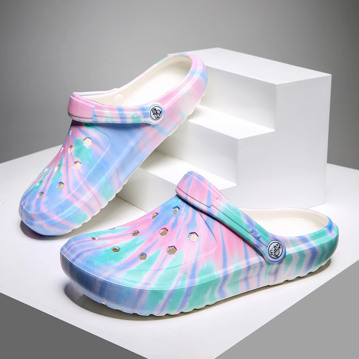 Garden Clogs Comfortable Women's Tie-dye Pattern Clogs, Slip On Lightweight Two-way Wear Clogs, Non-slip Summer Beach Slides 666