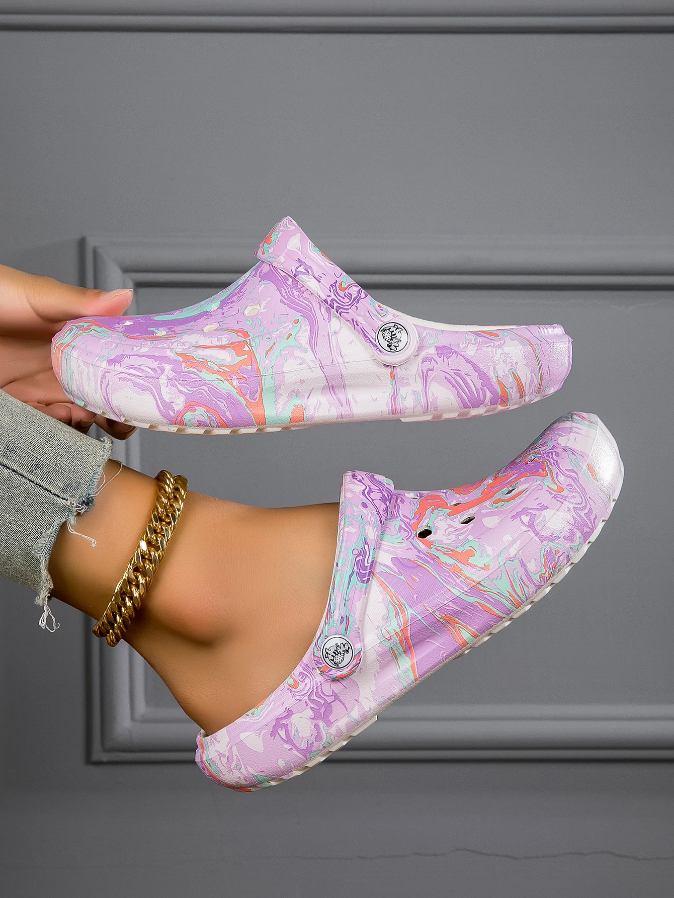 Garden Clogs Comfortable Women's Tie-dye Pattern Clogs, Slip On Lightweight Two-way Wear Clogs, Non-slip Summer Beach Slides 666