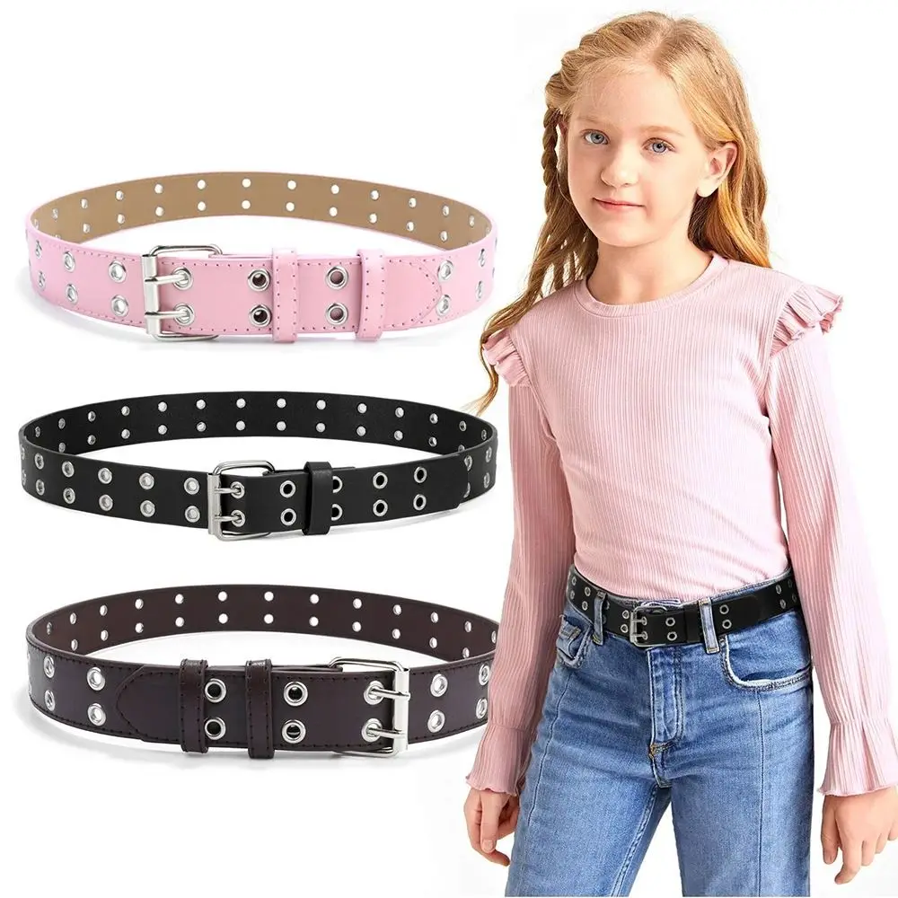Children Punk PU Leather Belt Double Holes Metal Pin Buckle Waist Strap Casual Jeans Dress Decoration Belt
