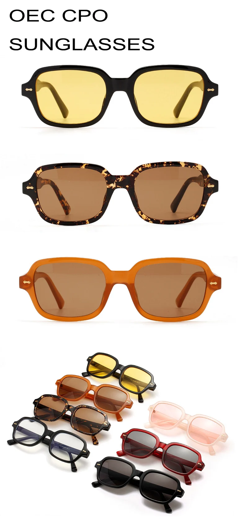 OEC CPO Fashion Unisex Square Sunglasses Men Women Fashion Small Frame Yellow Sunglasses Female Retro Rivet Glasses UV400 O403