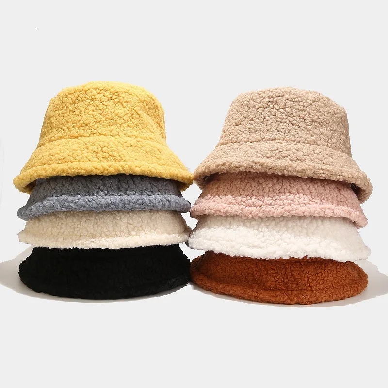 Fashion Lamb Faux Fur Bucket Hat Winter Warm Teddy Velvet Caps for Women Lady Outdoor Panama Fisherman Hat Skullies & Beanies