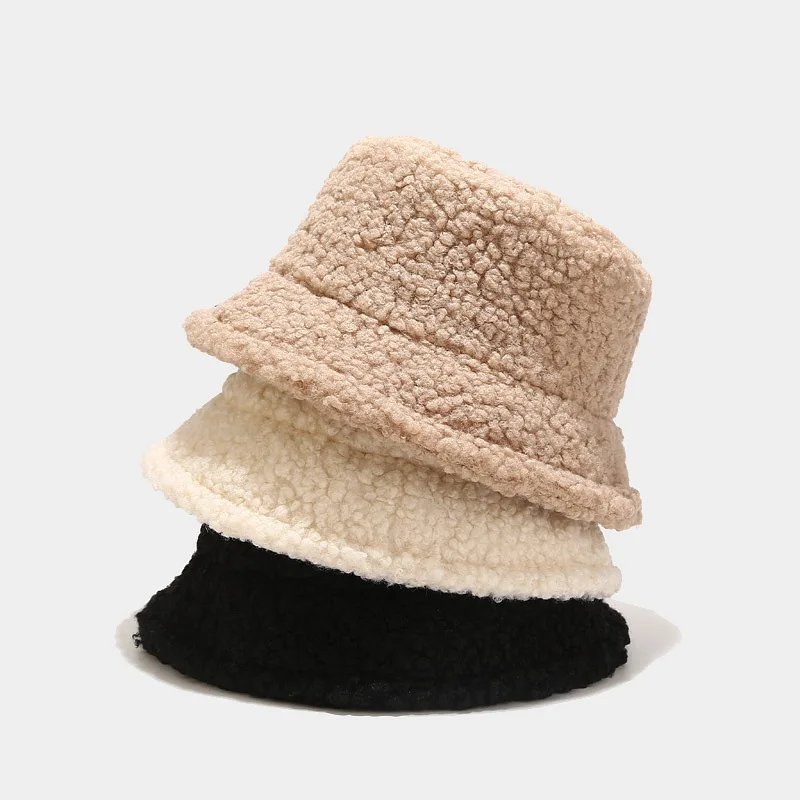 Fashion Lamb Faux Fur Bucket Hat Winter Warm Teddy Velvet Caps for Women Lady Outdoor Panama Fisherman Hat Skullies & Beanies