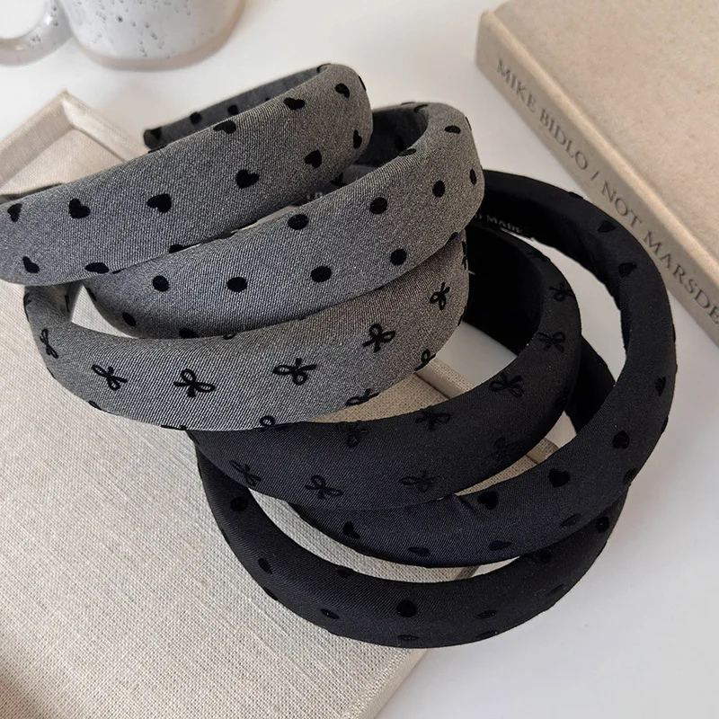 Autumn Winter Retro Black-Gray Headband Bow Heart Sponge Hair Band for Woman Girls Temperament Hair Hoop Female Hair Accessories