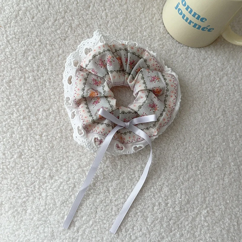 Women's Scrunchie Headscarf Korean Sweet Style Fun Plaid Dog Cat Triangle Scarf Cute Lace Headband Hair Accessory Combination