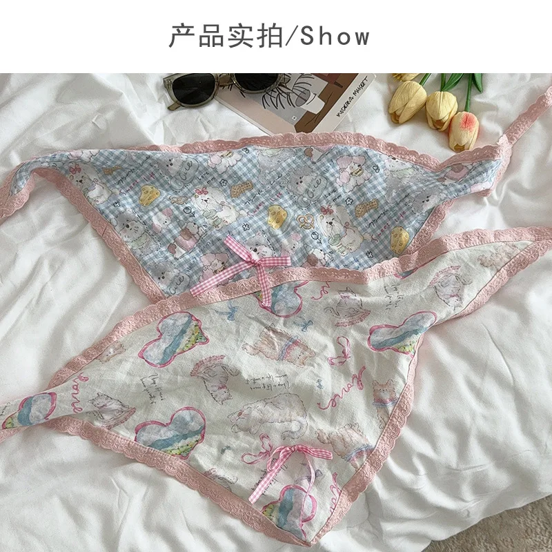 Women's Scrunchie Headscarf Korean Sweet Style Fun Plaid Dog Cat Triangle Scarf Cute Lace Headband Hair Accessory Combination