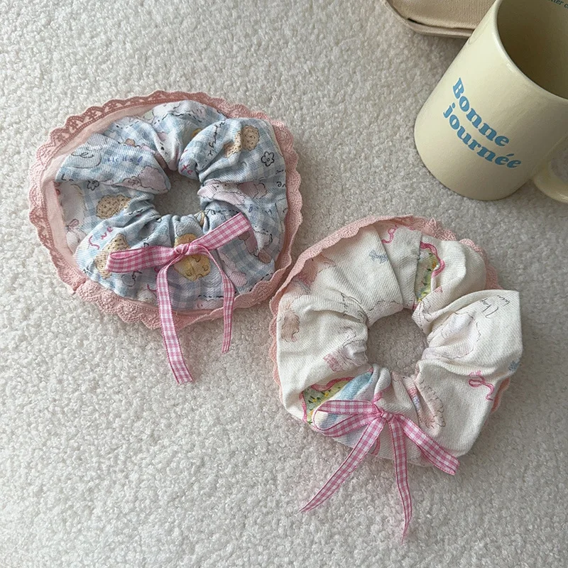 Women's Scrunchie Headscarf Korean Sweet Style Fun Plaid Dog Cat Triangle Scarf Cute Lace Headband Hair Accessory Combination