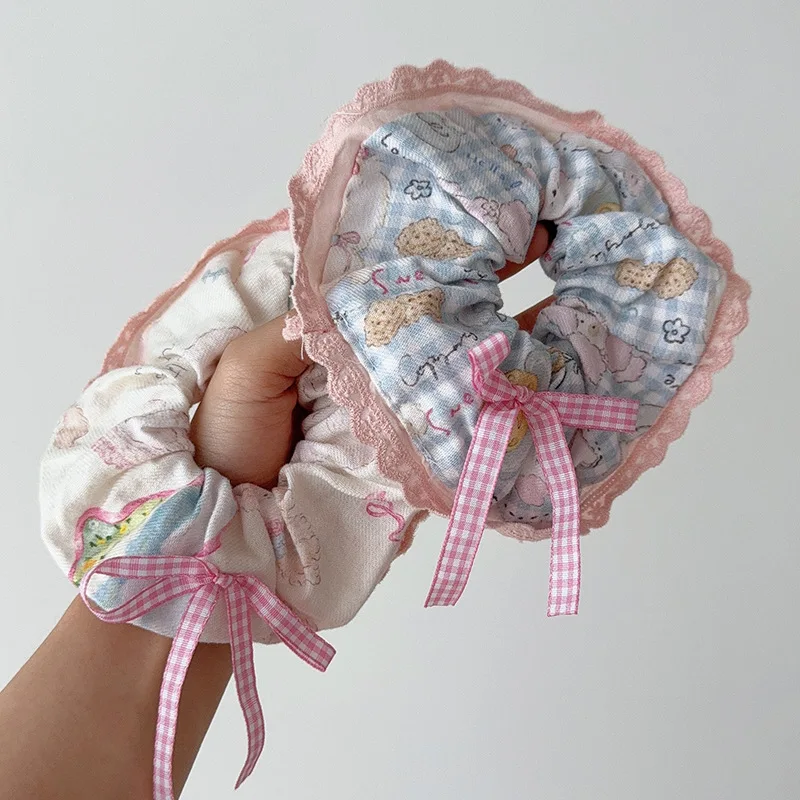 Women's Scrunchie Headscarf Korean Sweet Style Fun Plaid Dog Cat Triangle Scarf Cute Lace Headband Hair Accessory Combination