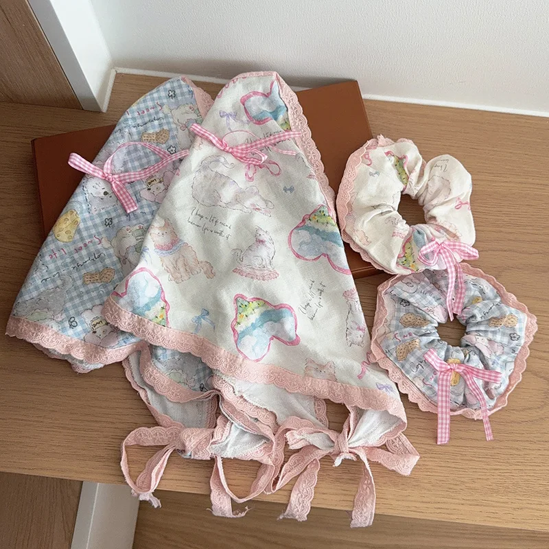 Women's Scrunchie Headscarf Korean Sweet Style Fun Plaid Dog Cat Triangle Scarf Cute Lace Headband Hair Accessory Combination